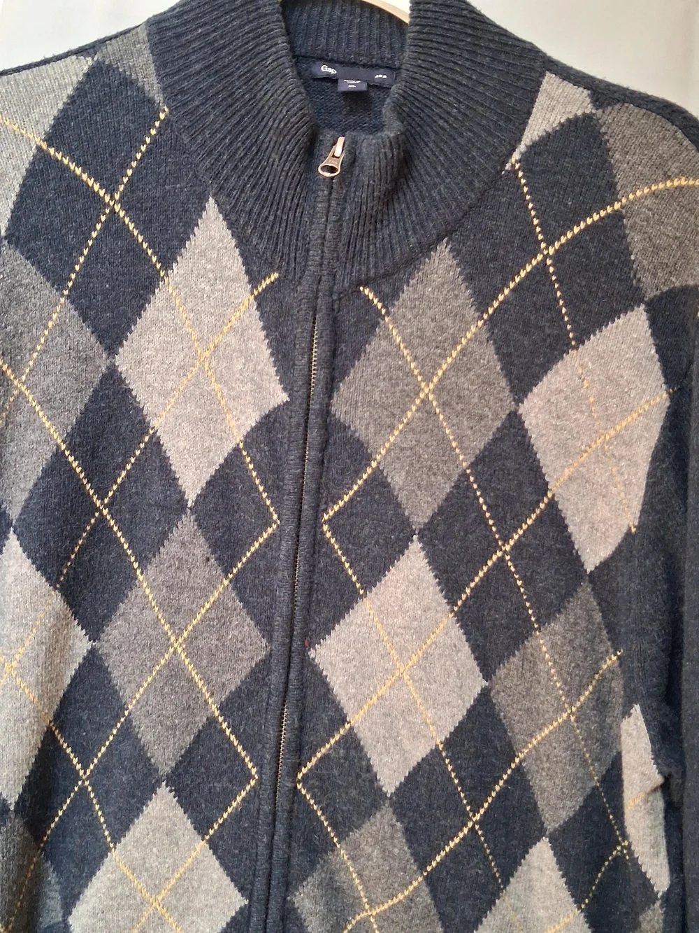 Gap Mens Argyle Full Zip Sweater Charcoal Grey Mock Neck XL